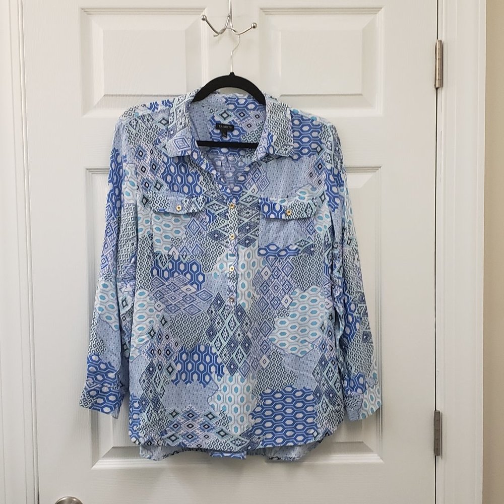 Talbots, mixed media, blue white, long sleeve, pull over blouse, Large